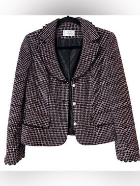 Versailles Pink Black Tweed Blazer Pearl Button Scalloped Trim Jacket